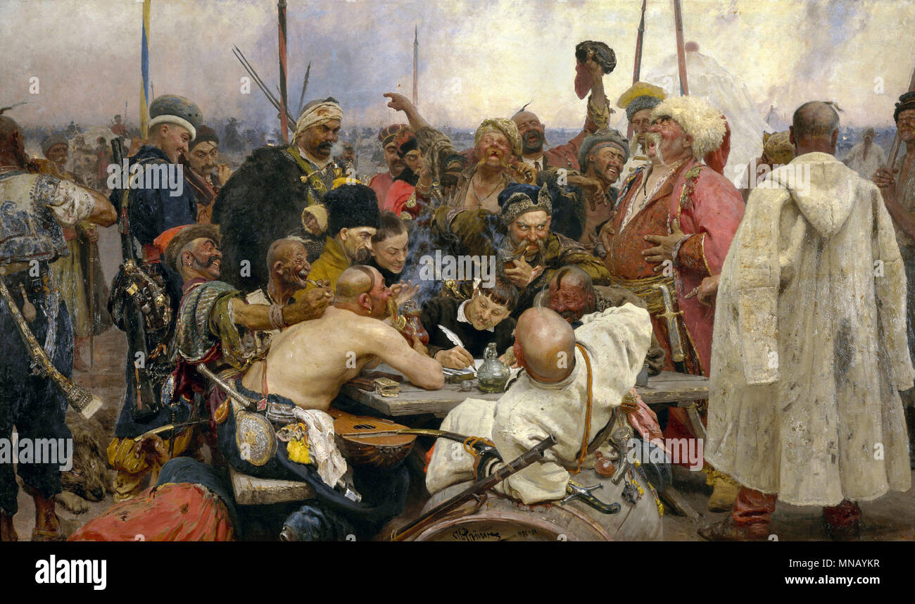 La risposta dei Cosacchi Zaporozhian al sultano Mehmed IV (1891) di Ilya Repin Foto Stock