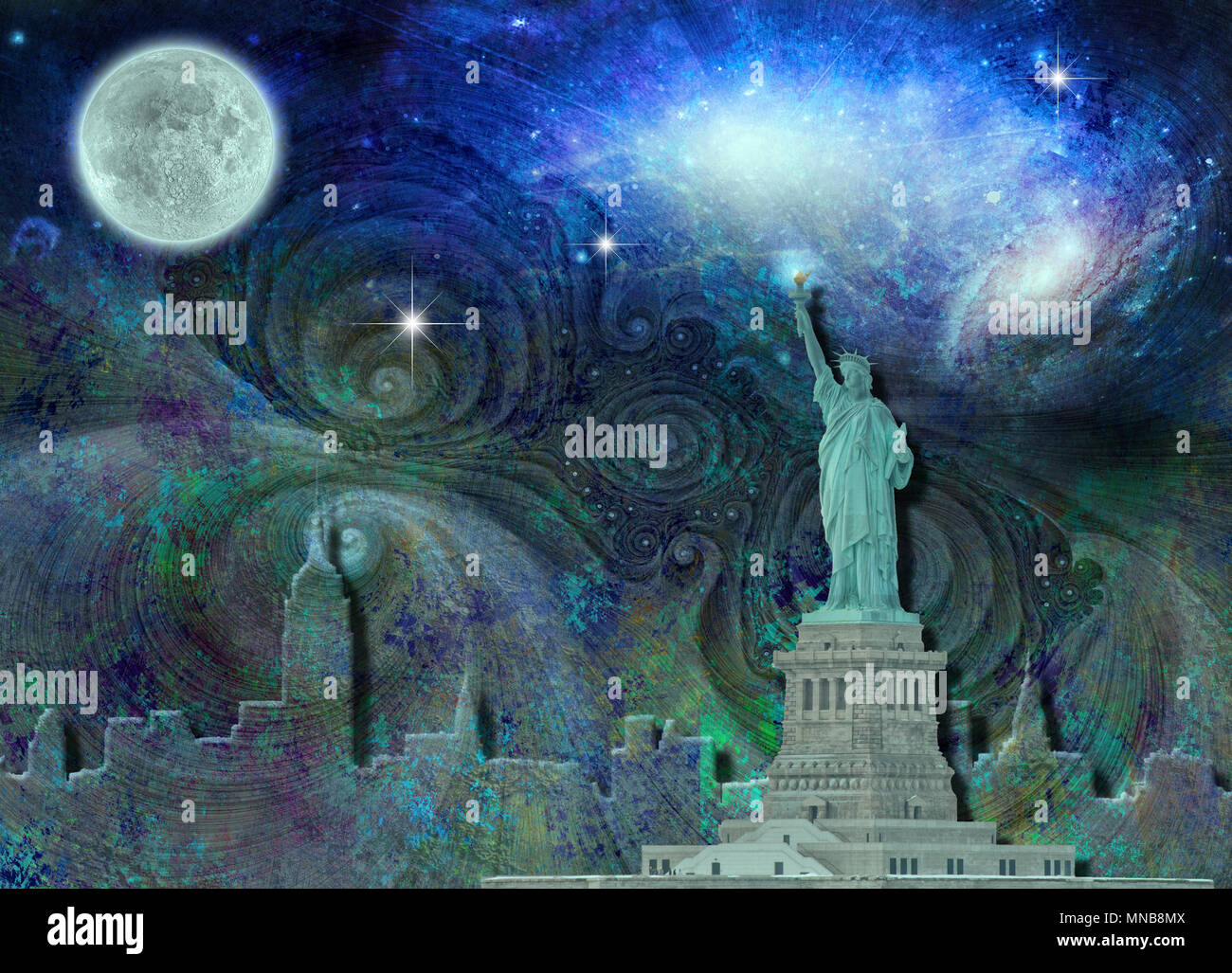 La città di New York skyline Fantasy e la Statua della Libertà Foto Stock