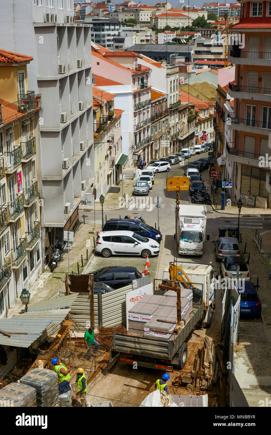 Lavori di riabilitazione , quartiere Chiado, Lisbona, Portogallo Foto Stock