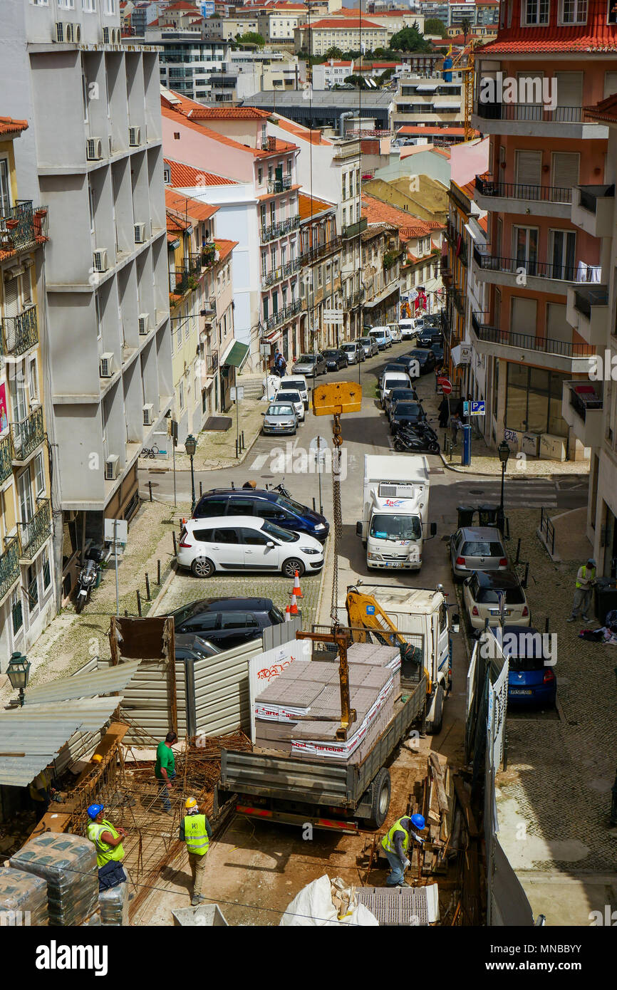 Lavori di riabilitazione , quartiere Chiado, Lisbona, Portogallo Foto Stock