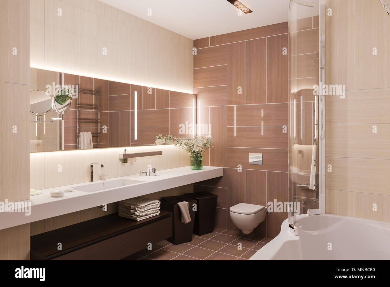 Interior design di un bagno moderno con un grande specchio. 3d immagine in colori caldi. 3D render in alta risoluzione per la stampa. Foto Stock