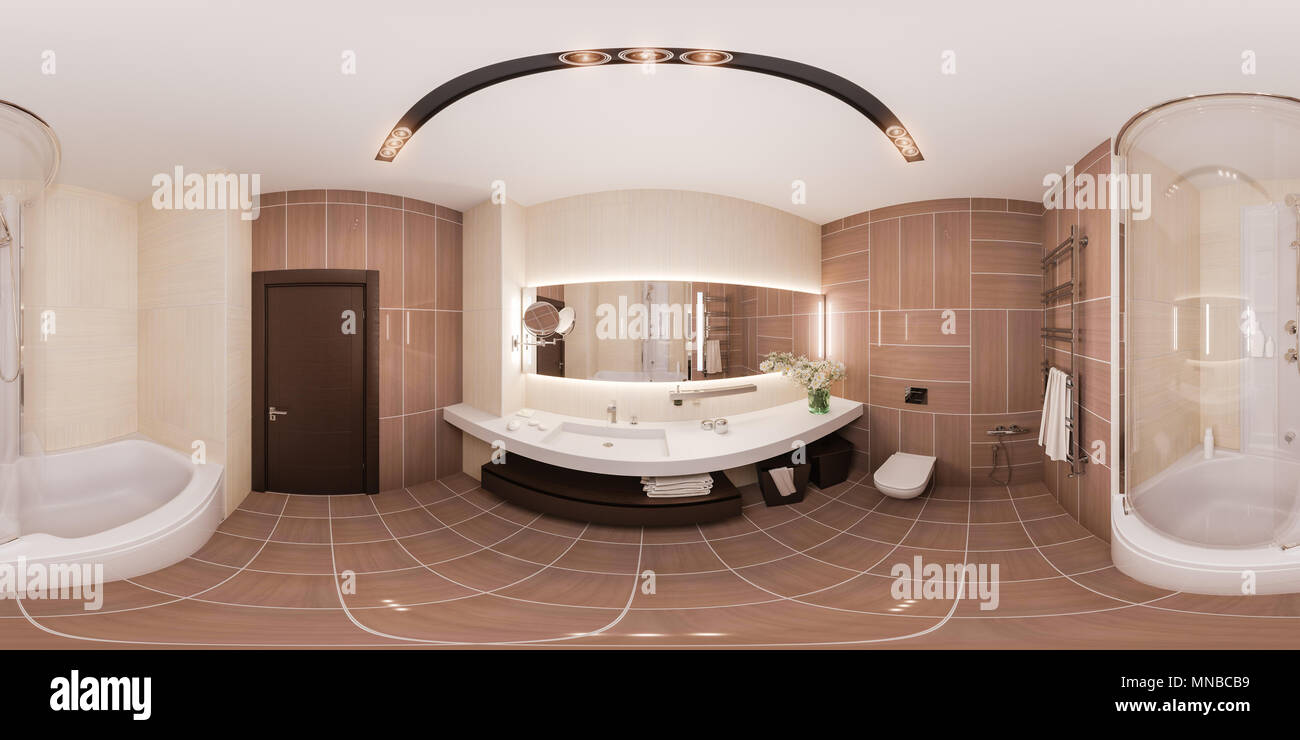 Sferica a 360 gradi, seamless panorama Interior design di un bagno moderno con un grande specchio. 3d immagine in colori caldi. 3D render in alta r Foto Stock