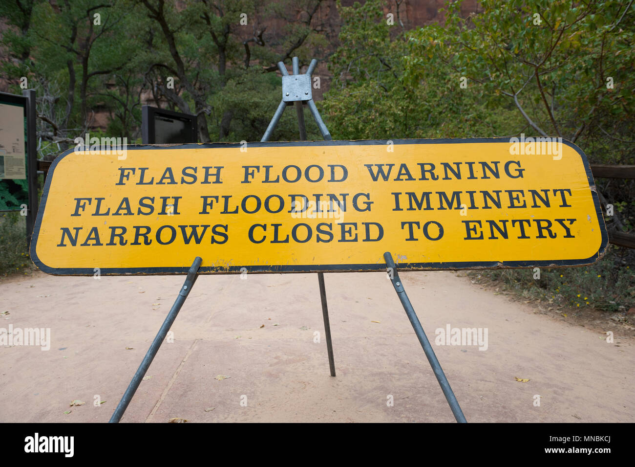 Allarme alluvione rapida segno, parco nazionale Zion, Utah, Stati Uniti d'America. Foto Stock