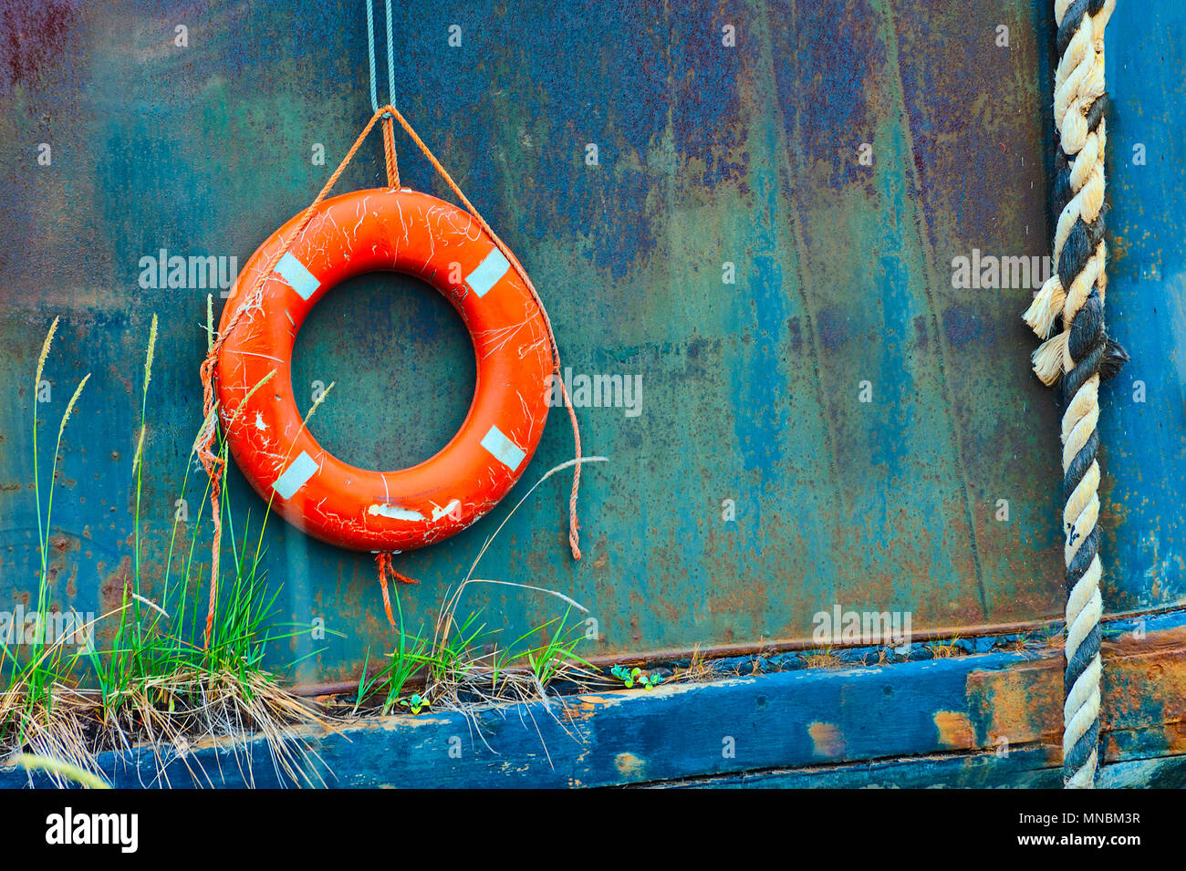 Close up della vita anelli perserver hanging off una vecchia barca in un campo di barche di posta indesiderata in Omero, Alaska. Visto da un percorso pedonale lungo la baia Kachemak. Foto Stock