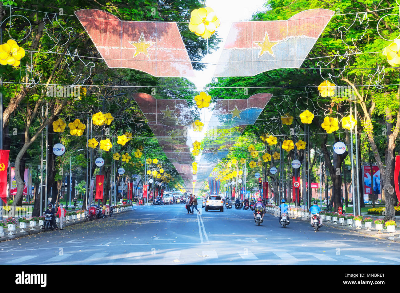 Il 18 febbraio 2015. Ho Chi Minh, Vietnam. Vista diurna di Ho chi minh city durante il Tet, nuovi anni, vacanza e segna il quarantesimo anniversario della f Foto Stock