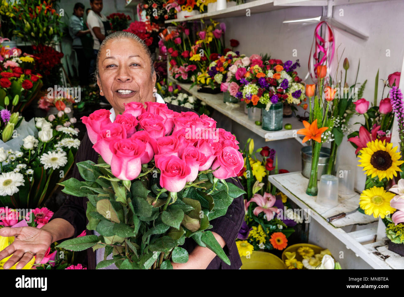 Città del Messico, ispanico etnia Alvaro Obregon San Angel, mercato dei fiori Mercado de Flores, fiorista, bouquet, disposizione floreale, venditori venditori vendere, st Foto Stock