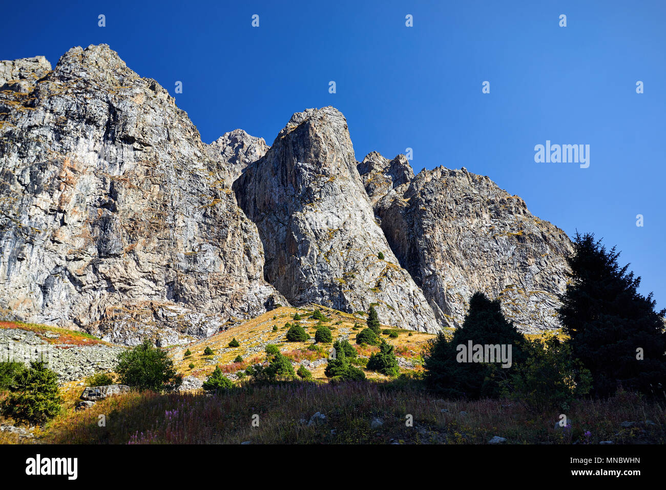 Paesaggio di montagna in Cielo di tramonto sfondo in Kazakistan Foto Stock