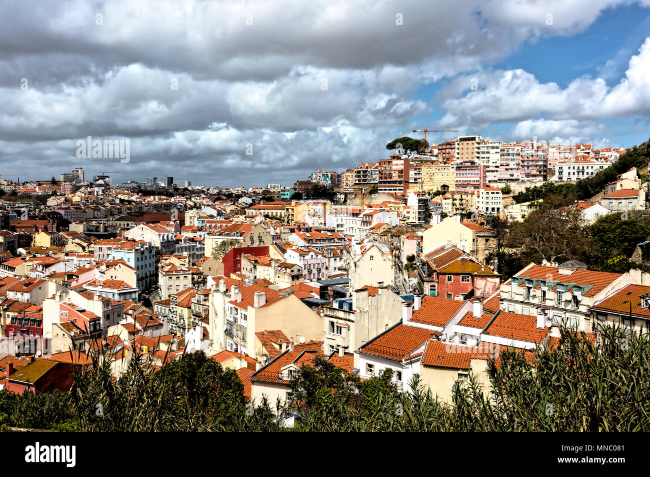 Vista nord dal costo do Castelo, sui tetti verso Martim Moniz e Graca Foto Stock