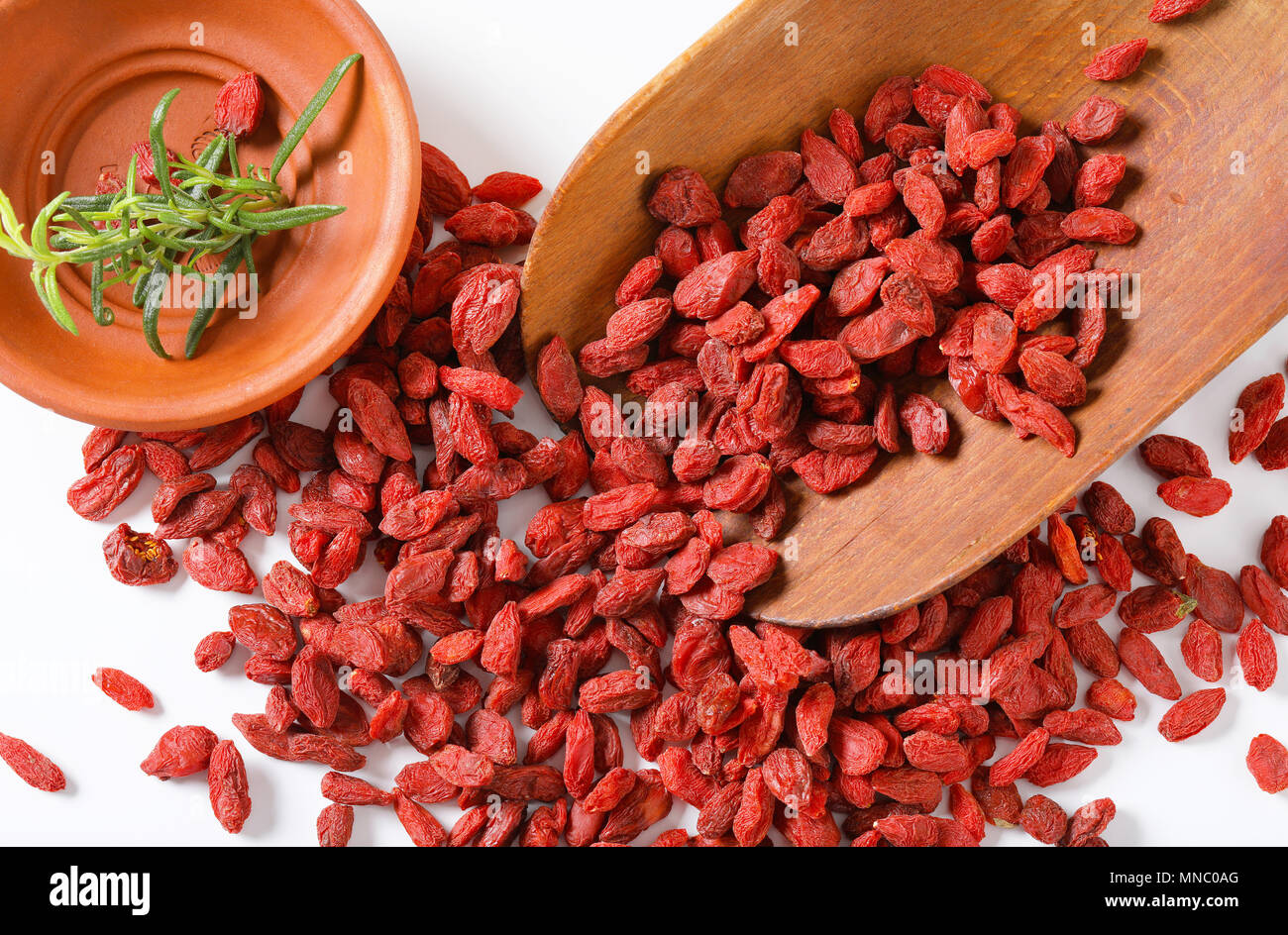 Convogliatore di sano goji bacche e ciotola di rametti di rosmarino su sfondo bianco Foto Stock