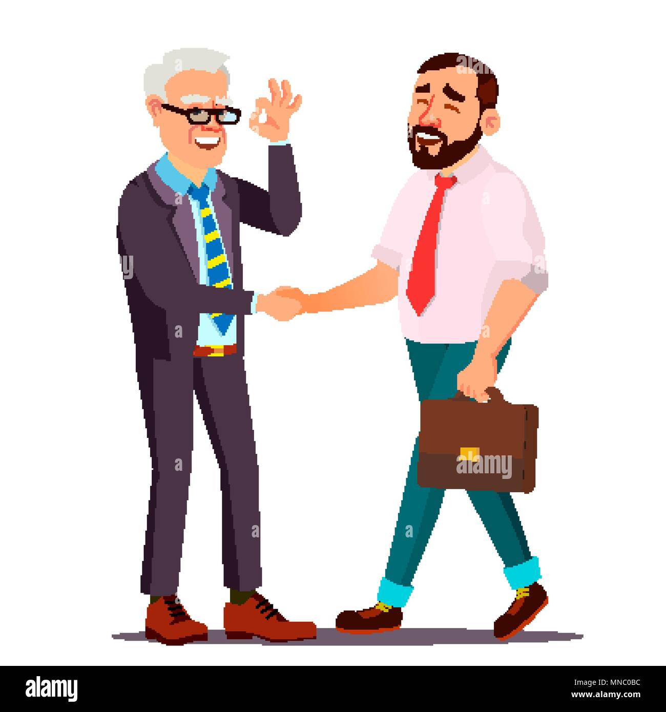Felice vettore di Client. Persona del cliente. Stringe la mano. Accordo di partenariato. Importante Client. Business Connection. Piatto isolato personaggio dei fumetti illustrazione Illustrazione Vettoriale