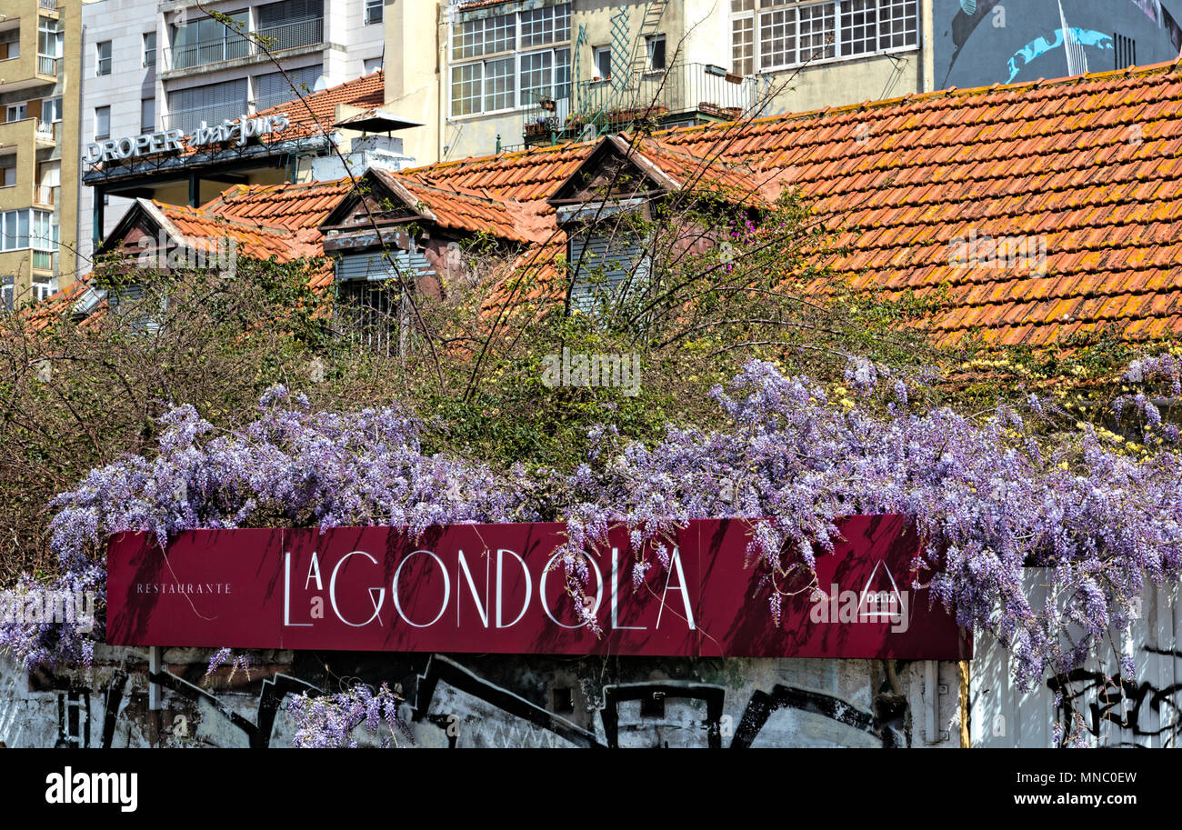 Facciata del Ristorante La Gondola potenziata dalla fioritura glicine Foto Stock