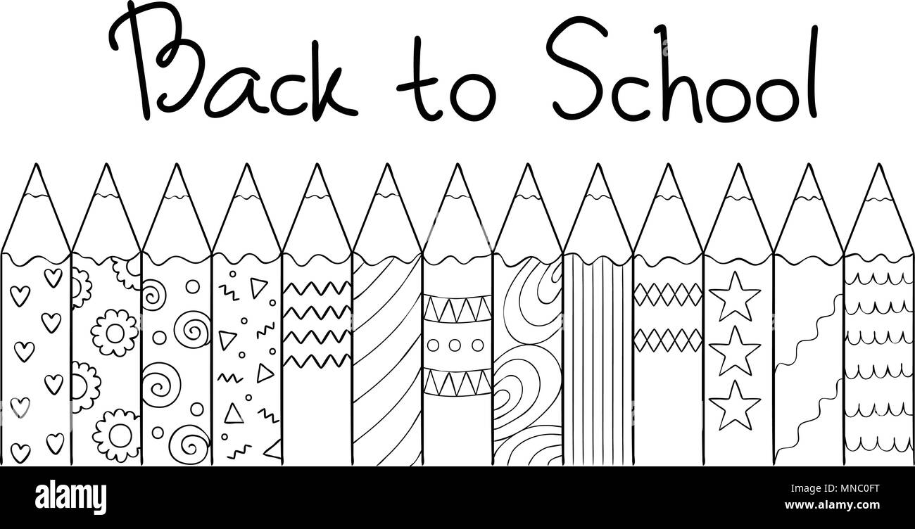 Disegnata a mano matite colorate con disegnati a mano lettere torna a scuola, per elemento di design e di libro da colorare per i bambini. Illustrazione Vettoriale Illustrazione Vettoriale