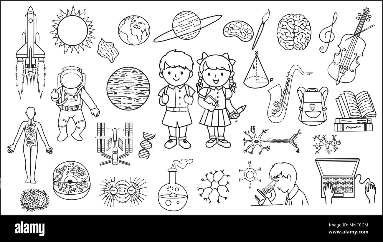 Scarabocchio di carino e agli studenti la conoscenza,scienza,l'astrologia,torna al concetto di scuola. Illustrazione Vettoriale. Illustrazione Vettoriale