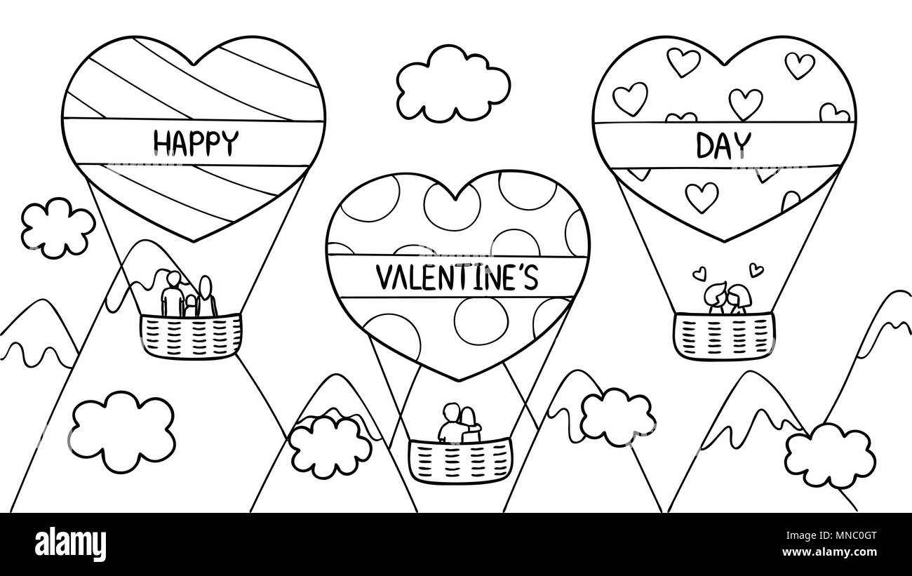 Disegnata a mano delle coppie e famiglia spendere tempo su hearted Forma mongolfiera per il giorno di San Valentino. Illustrazione Vettoriale per schede,invito e Illustrazione Vettoriale