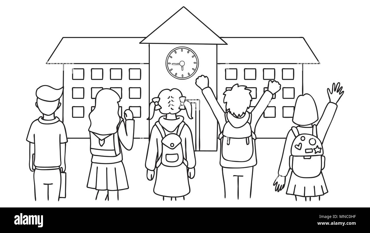 Disegnata a mano gli studenti in piedi di fronte a school house,torna a scuola,per elemento di design e di colorazione pagina del libro per bambini. Illustrazione Vettoriale