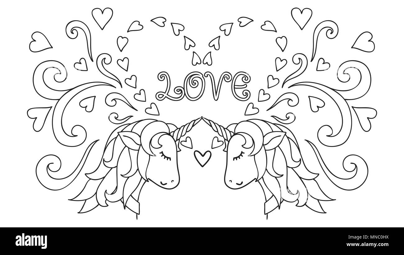 Disegnata a mano Unicorn. Animale magico. Illustrazioni vettoriali. In bianco e nero. La colorazione di pagine di libri per adulti e per bambini. Happy Valentines Day card. Vector illust Illustrazione Vettoriale