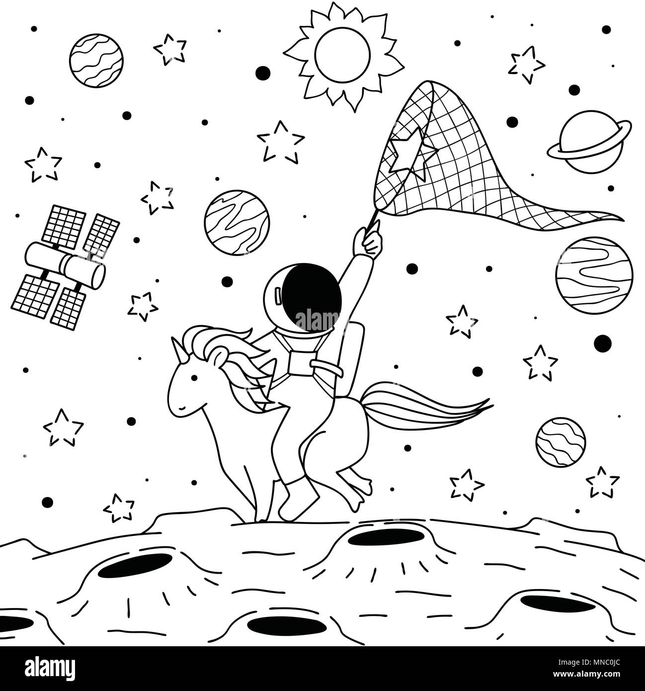 Carino divertente astronauta unicorno di equitazione per catturare la stella sulla luna per stampare sul prodotto e la colorazione di pagina di libro per il relax.illustrazione vettoriale Illustrazione Vettoriale