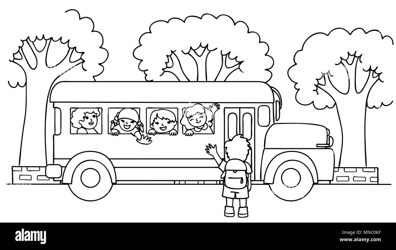 Disegnata a mano i bambini sulla scuola bus sono felici di vedere i loro amici e il ritorno a scuola, il concetto educativo per elemento di design e di colorazione pagina del libro per ki Illustrazione Vettoriale