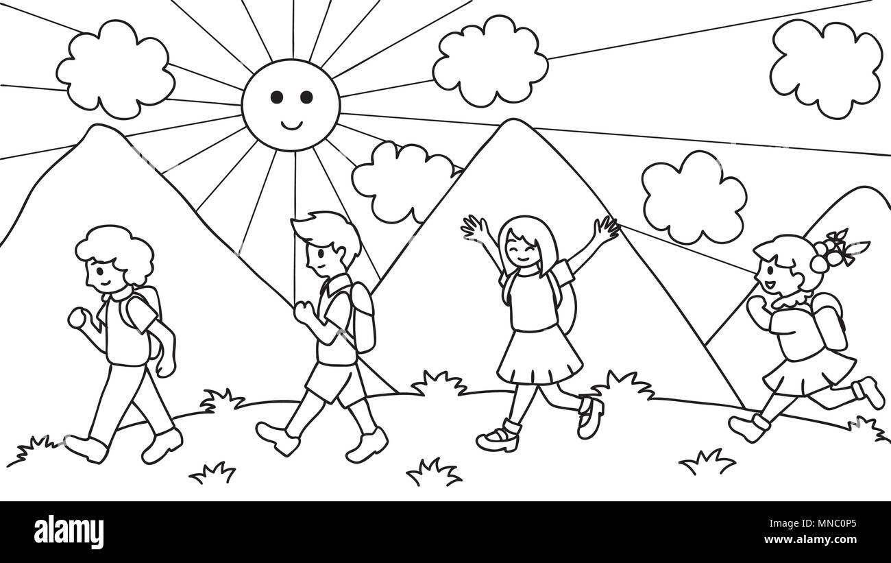 Disegnata a mano sulla cute a piedi i bambini a scuola e il ritorno a scuola per elemento di design e di colorazione pagina del libro per ragazzi.illustrazione vettoriale Illustrazione Vettoriale