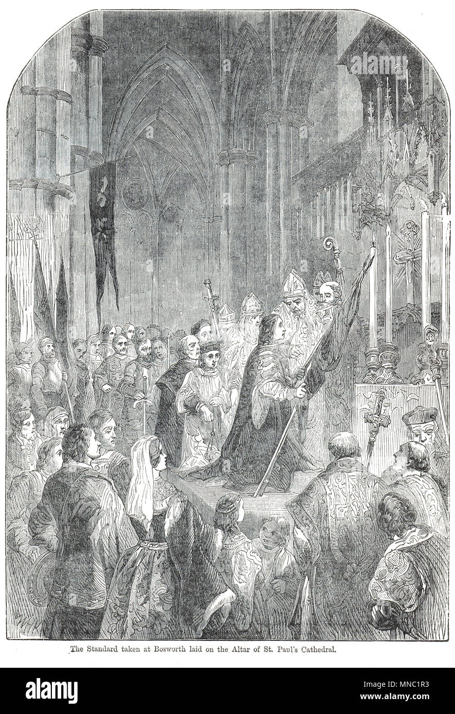 Le norme adottate a Bosworth, prevista sull'altare della cattedrale di St Paul, Londra, 28 agosto 1485, preso in stato dopo la battaglia di Bosworth Field 6 giorni prima Foto Stock