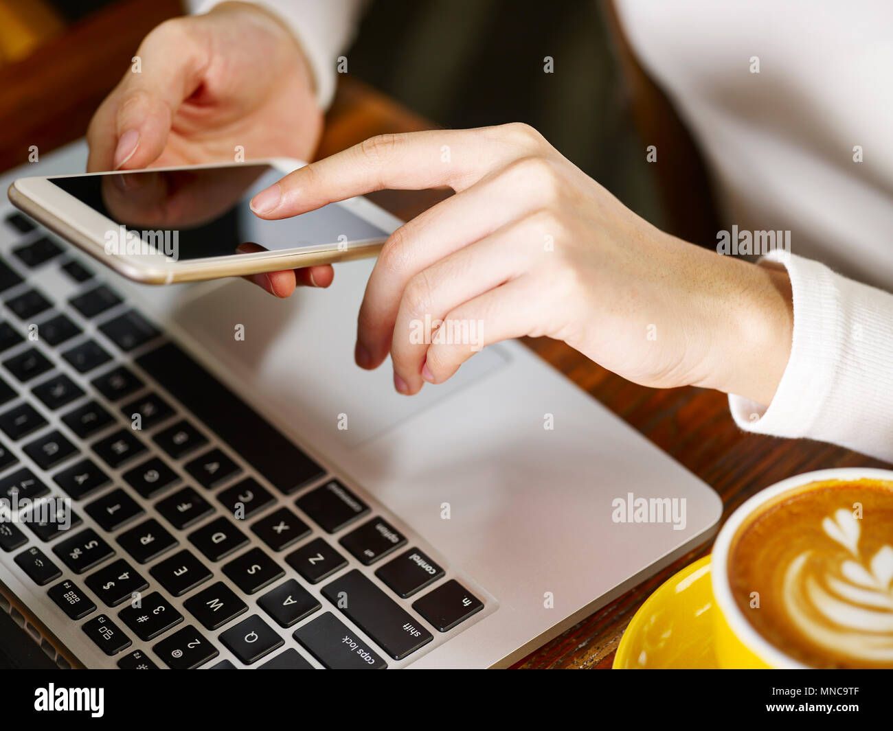 Close-up di mani di una donna mediante telefono cellulare e computer portatile mentre si beve il cappuccino. Foto Stock