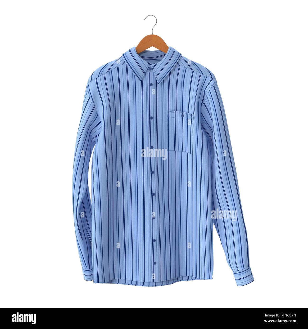Blue Stripped Shirt su appendiabiti su sfondo bianco. 3D illustrazione Foto Stock