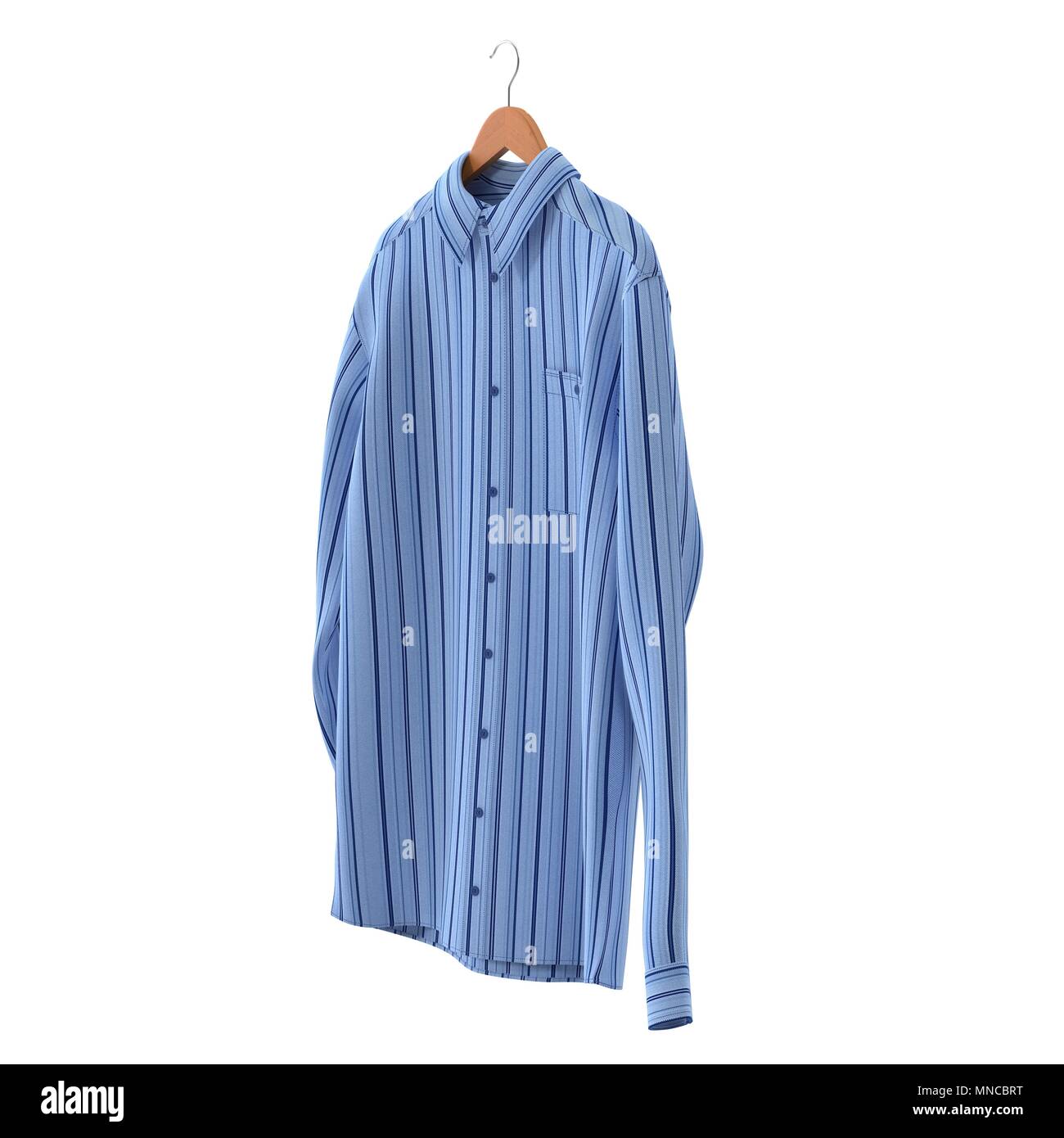 Blue Stripped Shirt su appendiabiti su sfondo bianco. 3D illustrazione Foto Stock
