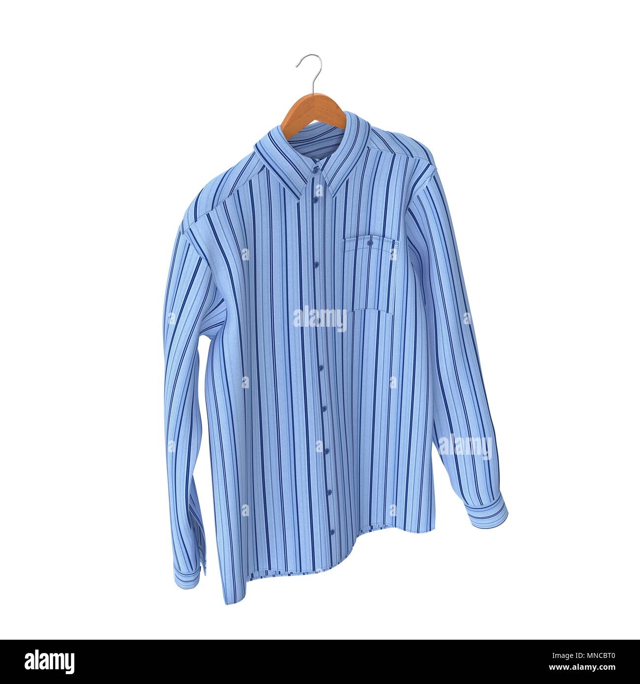 Blue Stripped Shirt su appendiabiti su sfondo bianco. 3D illustrazione Foto Stock