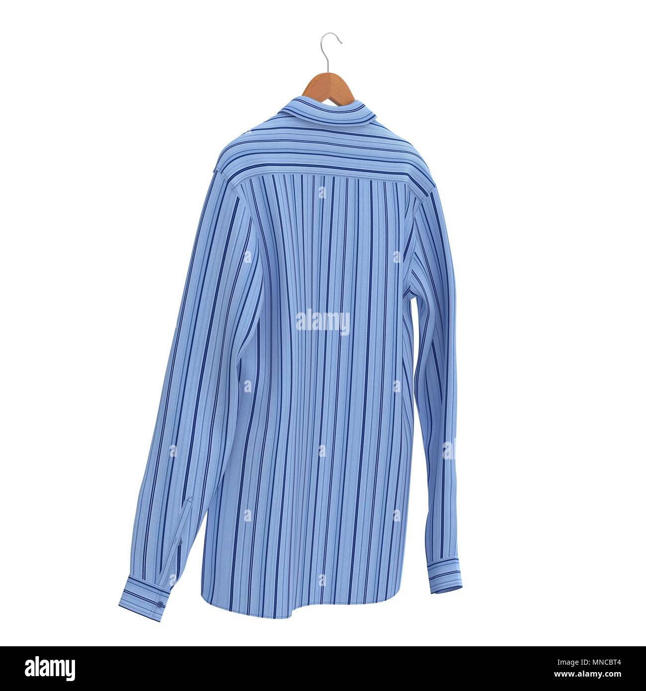 Blue Stripped Shirt su appendiabiti su sfondo bianco. 3D illustrazione Foto Stock