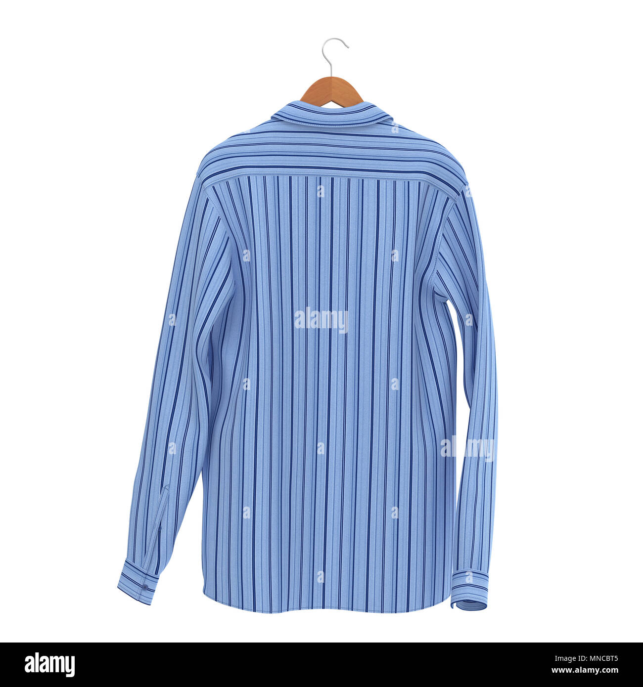 Blue Stripped Shirt su appendiabiti su sfondo bianco. 3D illustrazione Foto Stock