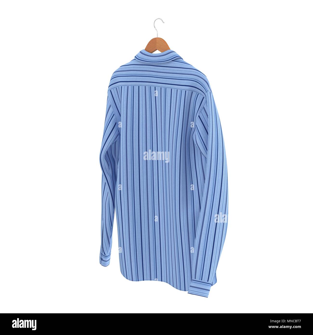 Blue Stripped Shirt su appendiabiti su sfondo bianco. 3D illustrazione Foto Stock