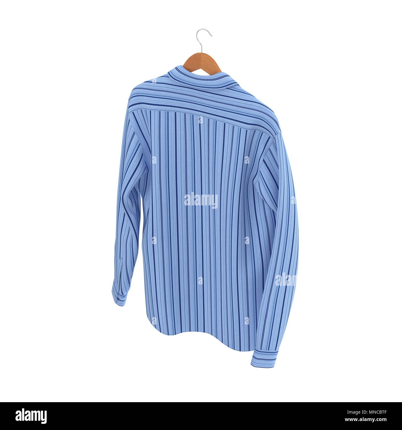 Blue Stripped Shirt su appendiabiti su sfondo bianco. 3D illustrazione Foto Stock
