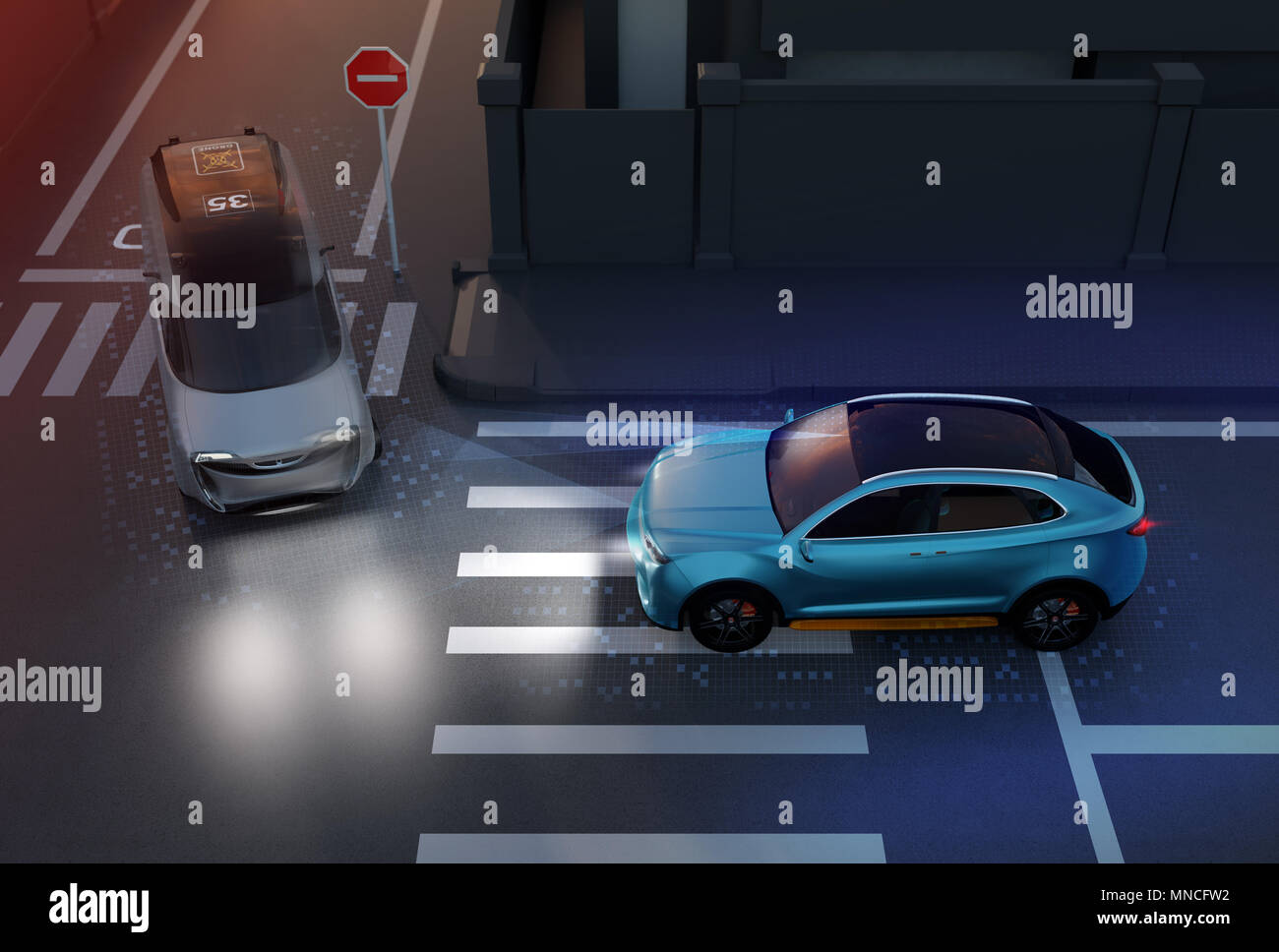 SUV blu evitare un incidente da un minivan al bivio. Driver di avanzamento-assistente il concetto di sistema. Il rendering 3D'immagine. Foto Stock