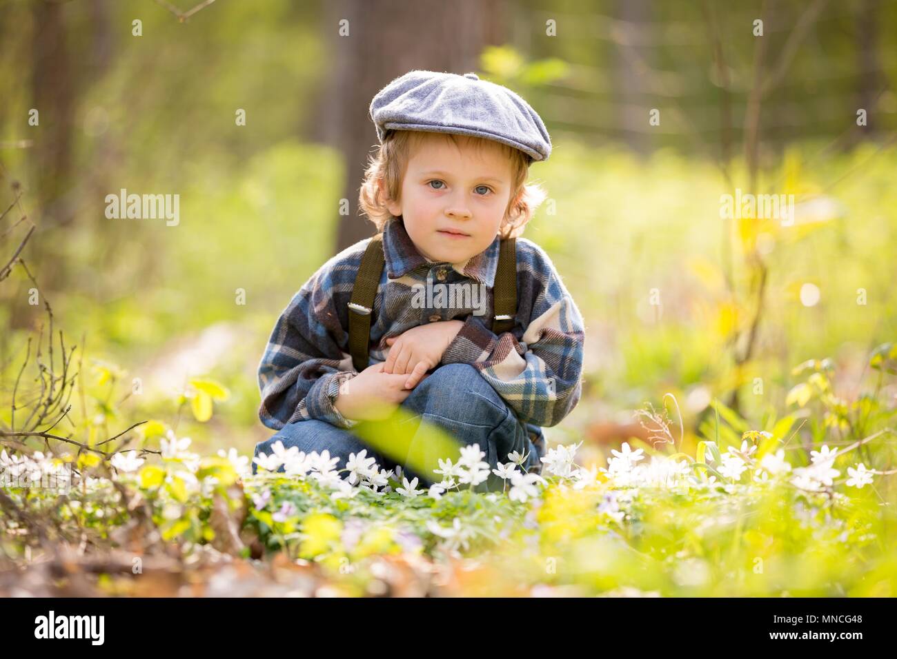 Piccolo ragazzo giocando nella foresta di primavera, picking bianco fiori anemone. Foto Stock