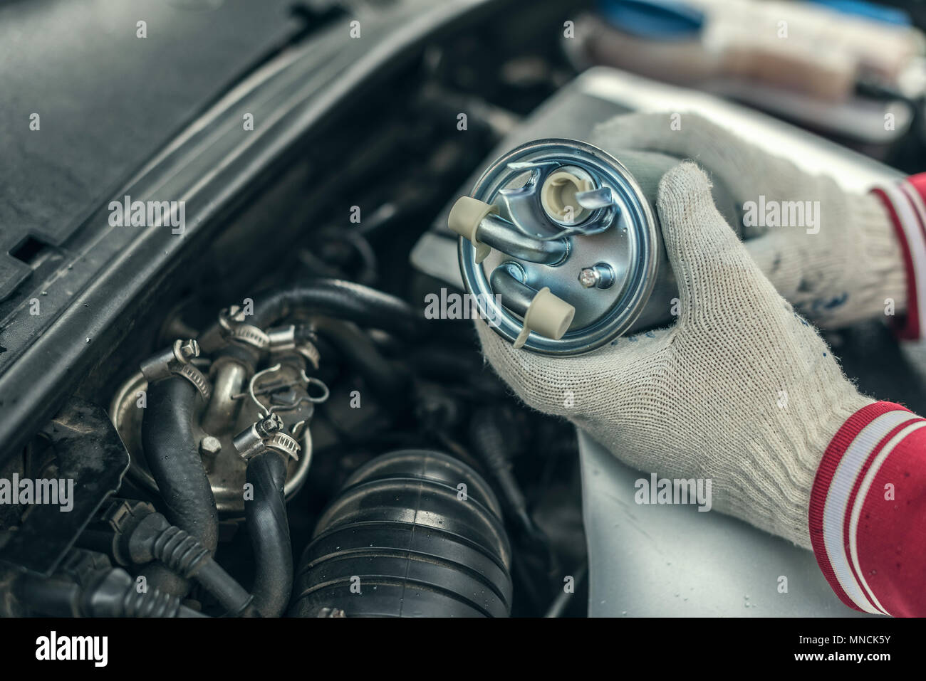 Un meccanico automatico sostituisce un auto del filtro del carburante. Foto Stock