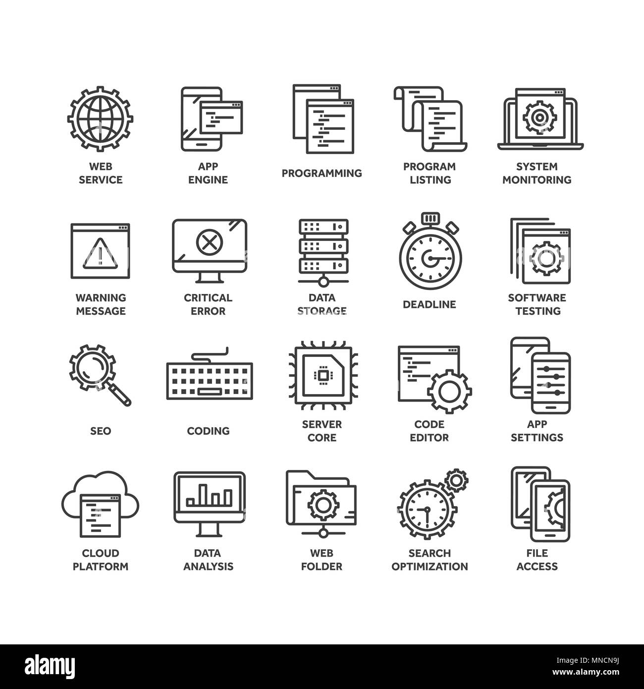 Seo e sviluppo delle app. Ottimizzazione per i motori di ricerca. Internet, e-commerce.linea sottile nero icona web impostato. Profilo raccolta di icone. Illustrazione Vettoriale. Illustrazione Vettoriale
