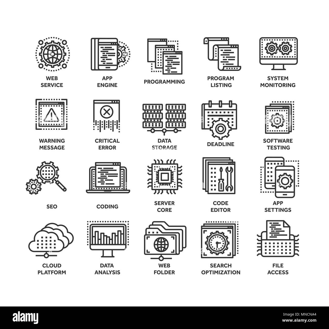 Seo e sviluppo delle app. Ottimizzazione per i motori di ricerca. Internet, e-commerce.linea sottile nero icona web impostato. Profilo raccolta di icone. Illustrazione Vettoriale. Illustrazione Vettoriale