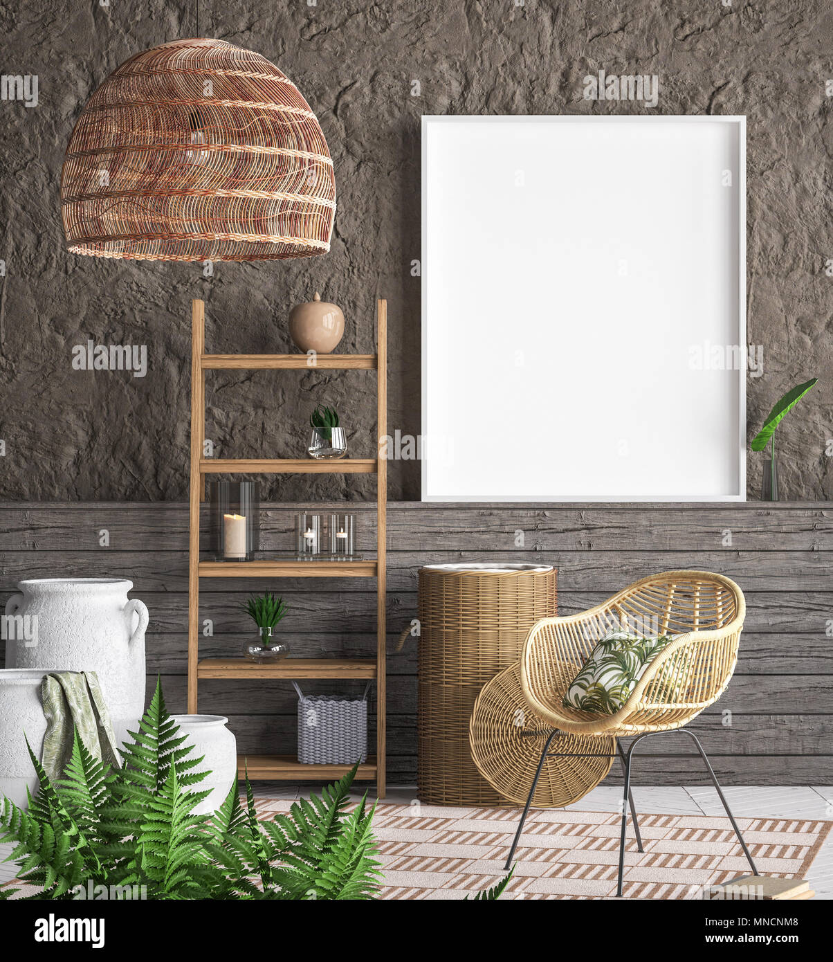 Mock up del fotogramma poster in background interiore, 3D render Foto Stock