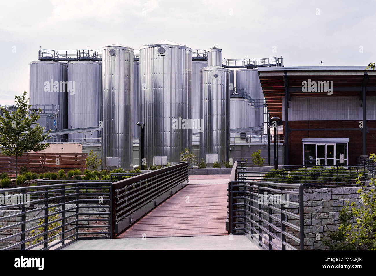 Enorme di metallo silos di malto brillano al sole nel Nuovo Belgio birrificio Asheville, NC, Stati Uniti d'America Foto Stock