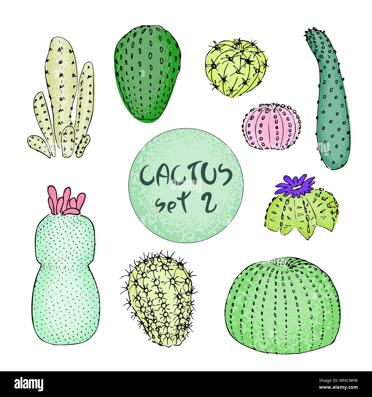 Impostare colorati di cactus, disegnati a mano illustrazione vettoriale. Delineare sketch. Collezione di succulente. Illustrazione Vettoriale