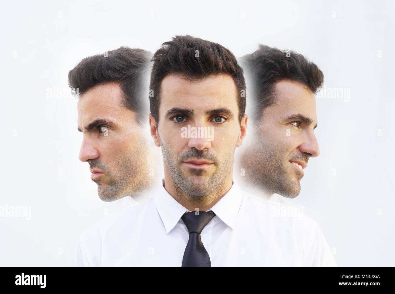 Imprenditore con emozioni, mad, calma e felice. Controllo emotivo, salute mentale concetto. Foto Stock