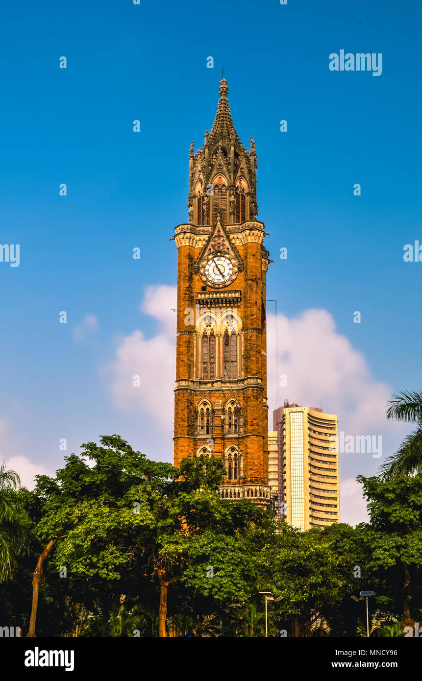 Il Rajabai Clock Tower è la torre dell orologio nel sud di Mumbai in India. È vicino il Maidan ovale e Bombay High Court Foto Stock