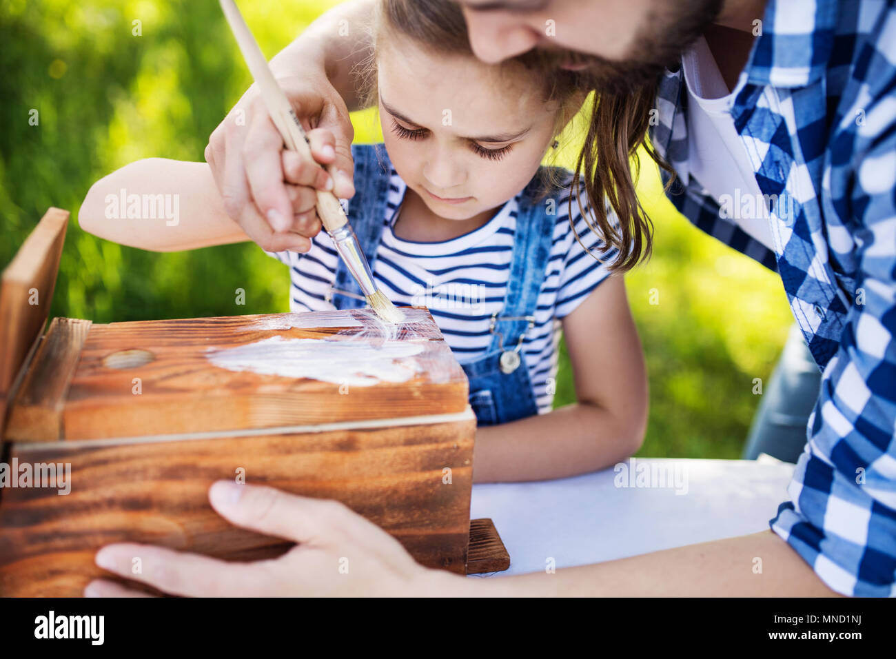 Padre di una figlia piccola al di fuori, rendendo birdhouse in legno. Foto Stock