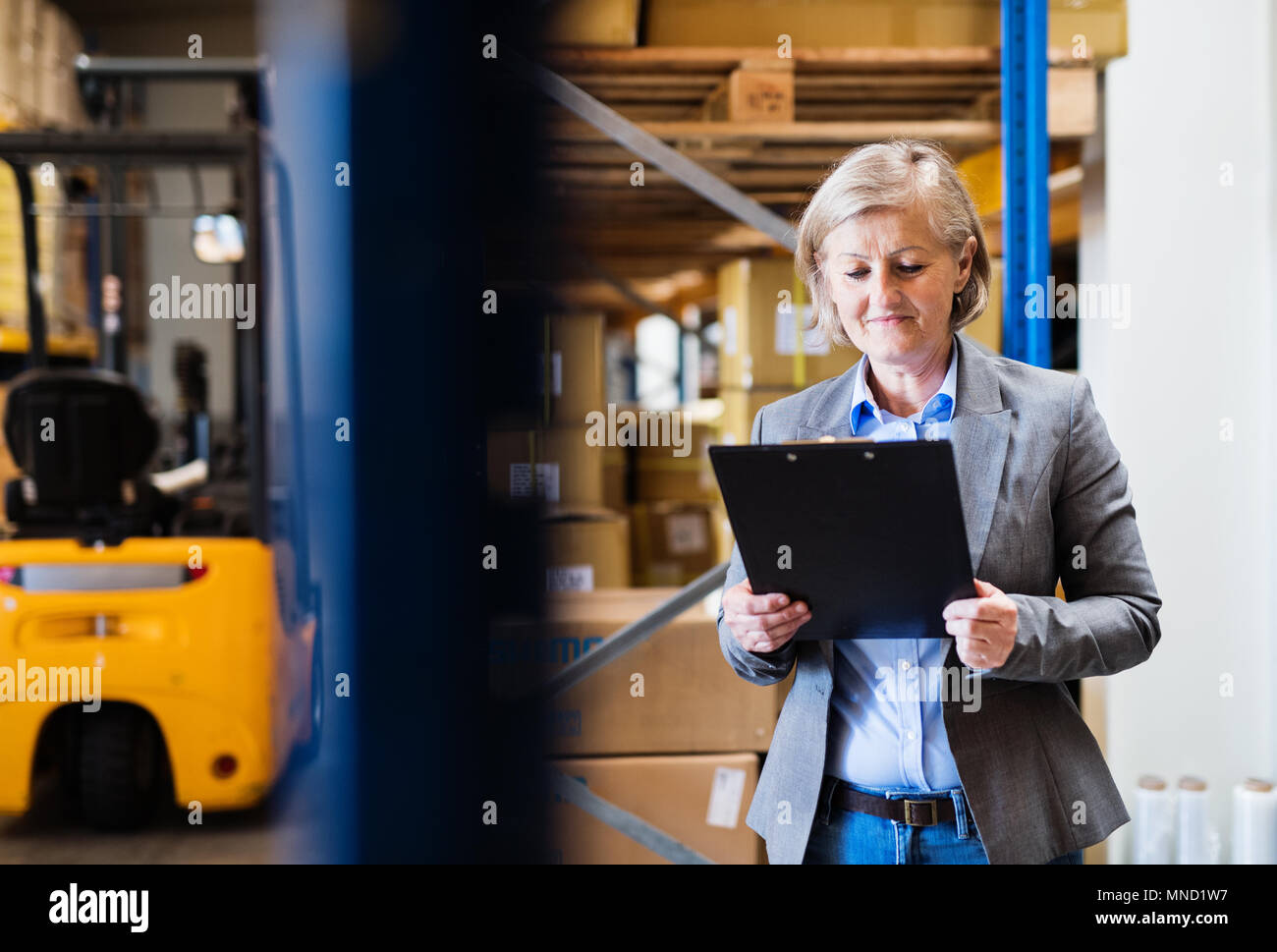 Senior donna warehouse manager o supervisore con appunti. Foto Stock