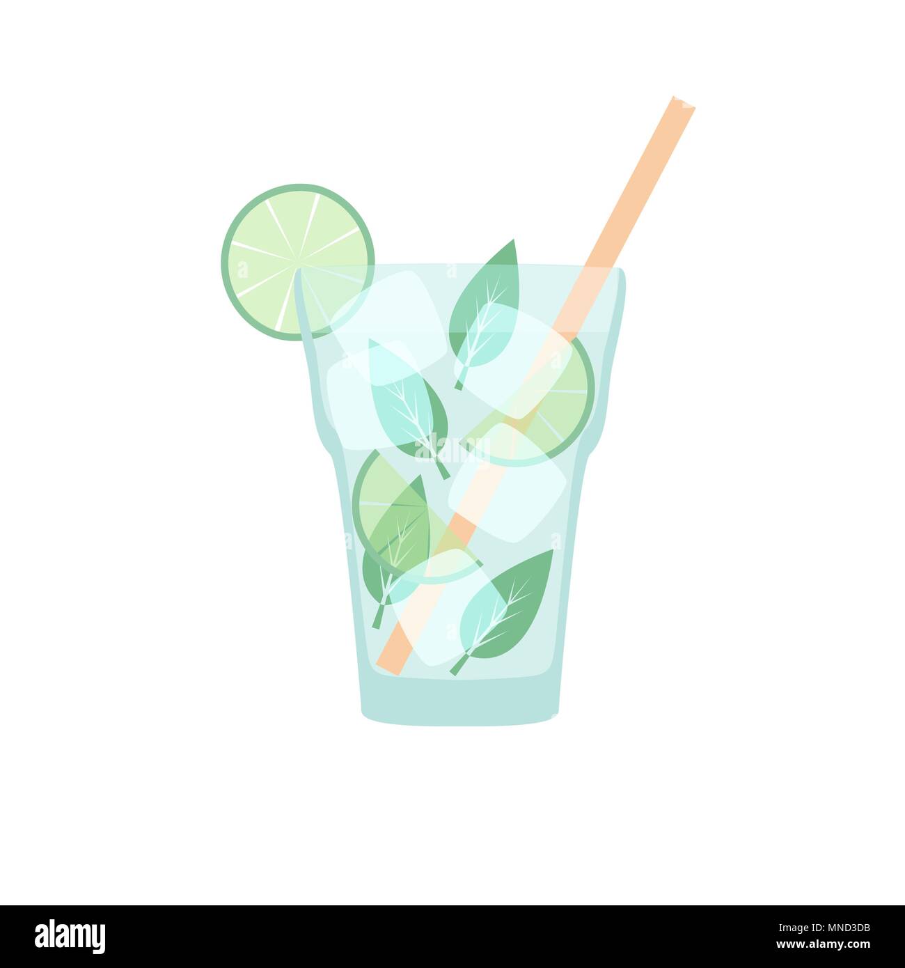 Bevanda del vettore in uno stile piatto - mojito con paglia, foglie pepperming, ghiaccio e calce isolato su bianco Illustrazione Vettoriale