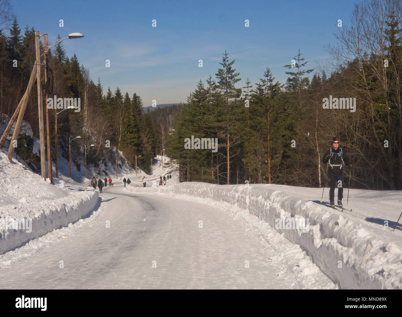 In Mariholtet Ostmarka è una destinazione popolare per gli sciatori ed escursionisti su una domenica d'inverno in Oslo Norvegia, ben preparate le vie Foto Stock