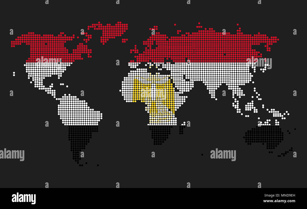 Punteggiato mappa del mondo in Egitto bandiera colori isolati su sfondo grigio. Foto Stock
