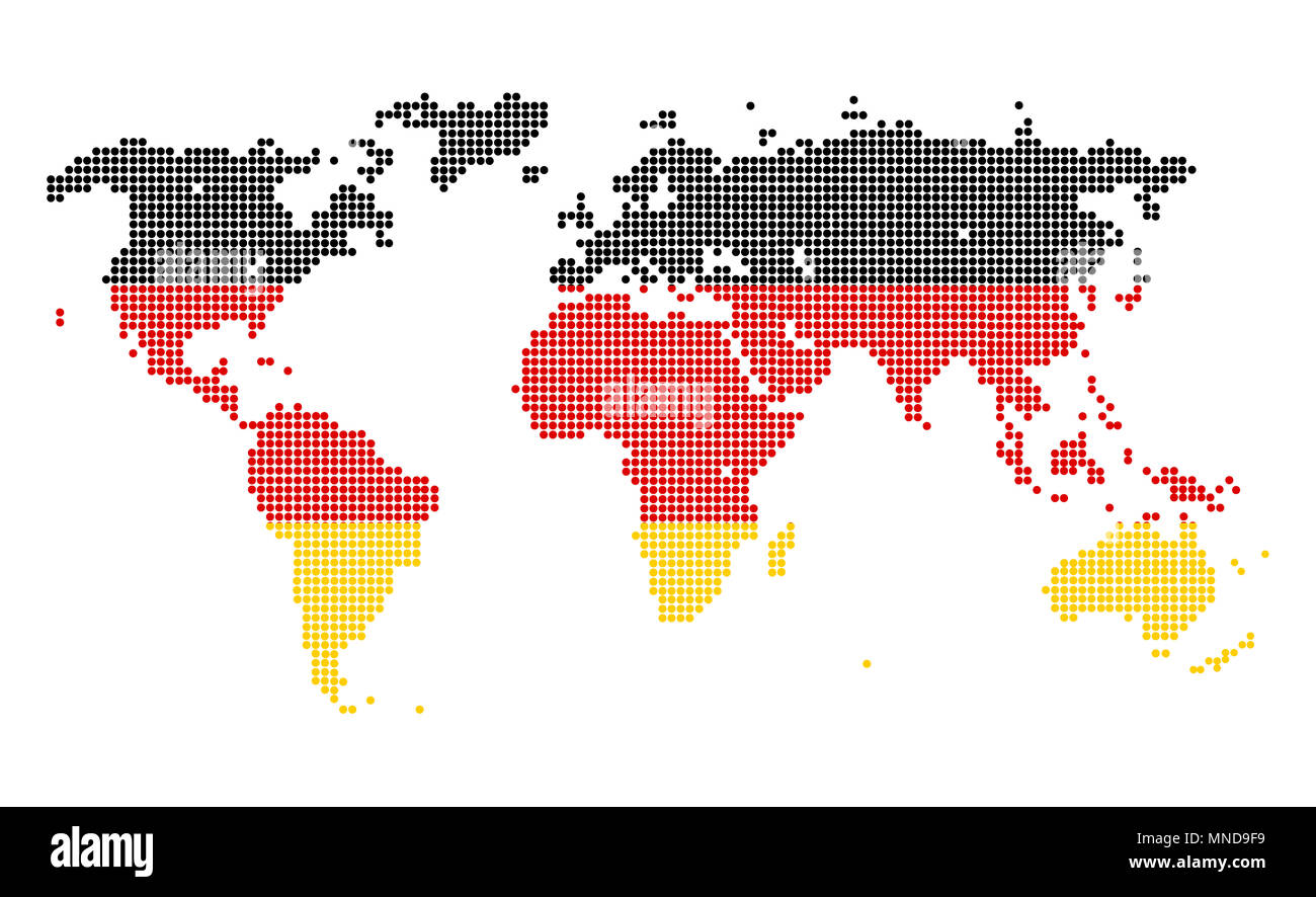 Punteggiato mappa del mondo in Germania bandiera colori isolati su sfondo bianco. Foto Stock