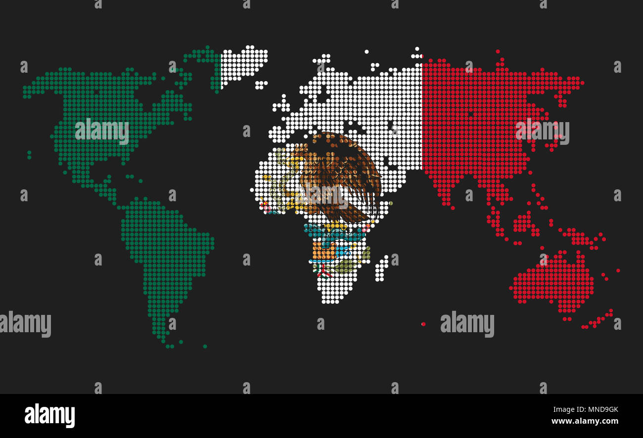 Punteggiato mappa del mondo in Messico bandiera colori isolati su sfondo grigio. Foto Stock