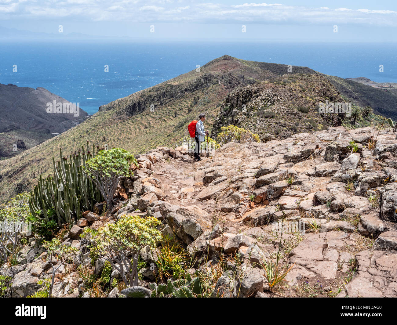 Escursionista femmina discendente l GR131 national trail verso San Sebastian sulla costa di La Gomera nelle isole Canarie Foto Stock